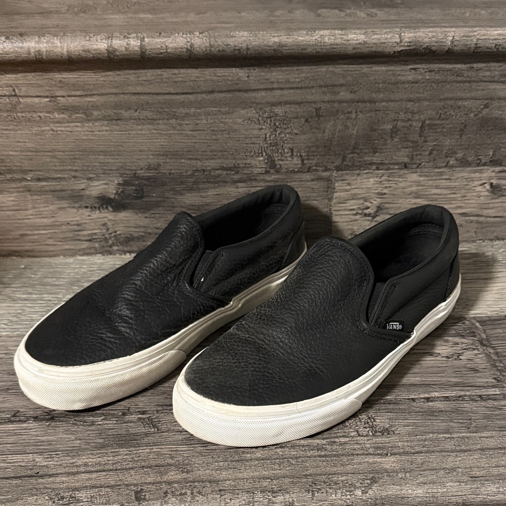 Vans Black and White Leather Slip-On Loafers 7.5